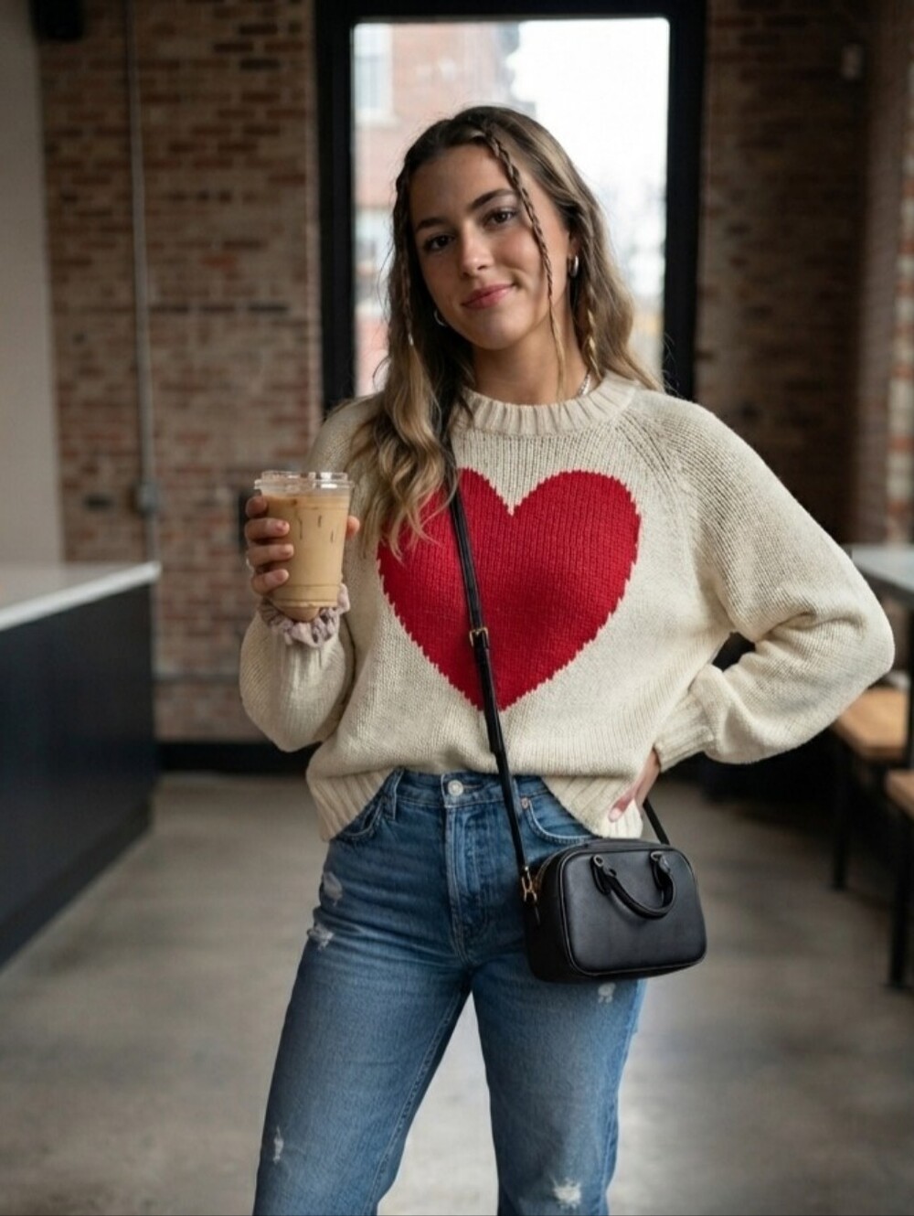 Gap Cream & Red Heart Intarsia Knit Oversized Cropped Sweater – Size Small (S)